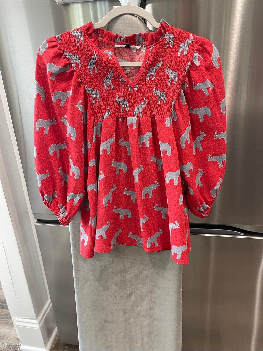 Gameday Smocked Blouse with Grey Elephant Print